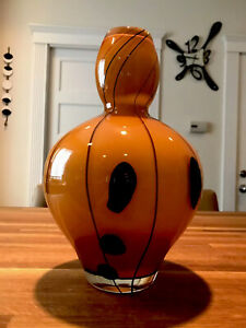 Vase en verre art soufflé or tacheté/chameau noir rayé 12 pouces de haut !