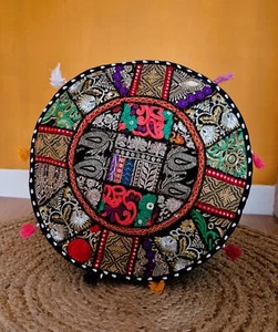 Indian Handmade Round Ethnic Embroidery Vintage Patchwork Footstool Pouffe Cover - Picture 1 of 3