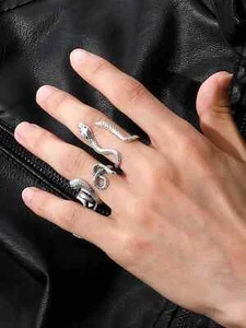 Anello Uomo 2 pezzi Anelli design serpente doppia testa colore argento - Foto 1 di 3