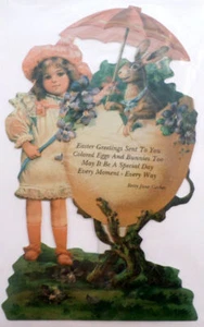 Tarjeta de Pascua victoriana de cambio de siglo conejito conejo y niña #Grc062 - Imagen 1 de 3