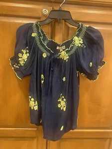 NWT Chenault Top Womens Med Blue Embroidered Puff Short Sleeve Peasant Top Shirt - Picture 1 of 10