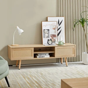 55.12"Rattan TV cabinet,double sliding doors for storage, adjustable shelf,solid - Picture 1 of 13