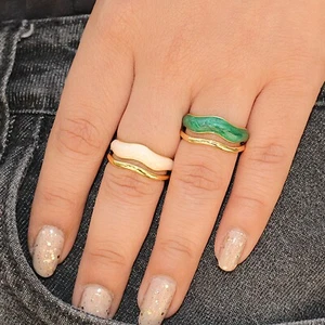 Pearl & Malachite Enamel Ring 18K Gold Plated brass Adjustable Band For Women - Picture 1 of 9