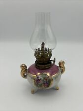 Vintage Mini Ceramic Pink White Iridescent Oil Lamp with English Painting Japan