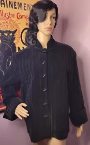 Vtg 70s Black Quilted Frog Button Up Cotton Velvet Jacket Cottagecore Hippy - Picture 1 of 9