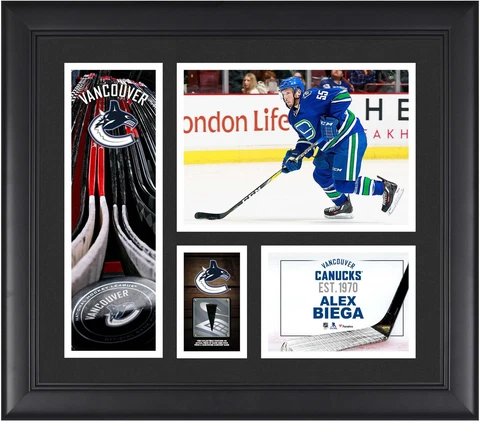 Alex Biega Vancouver Canucks Framed 15x17 Collage w/a Piece of GU Puck Cover