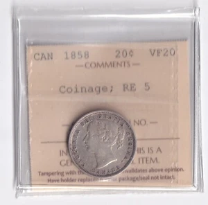 Canada 1858 20c Twenty Cent Silver Coin Queen Victoria ICCS VF-20 Coinage RE 5 - Foto 1 di 2