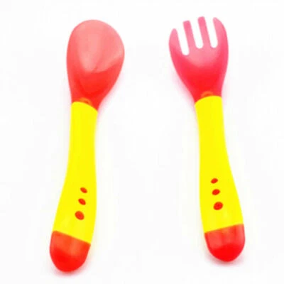SRVERTEX 2x gelbes Baby Kleinkind Set, Temperatursensor, Löffel & Gabel, ohne Unterlass
