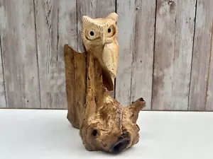 Wooden Owl Sculpture Driftwood Bird Ornament Wood Log Carved Tawny Owl on Stump - Picture 1 of 9