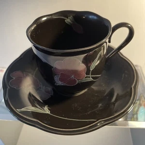 Mikasa Rondo Tango Cup and Saucer Black w/Floral Pattern JAPAN VTG - Picture 1 of 4