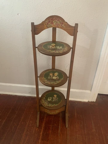 ANTIQUE VINTAGE WOOD 3 TIER INLAID FOLDING CAKE DISPLAY STAND Cover
