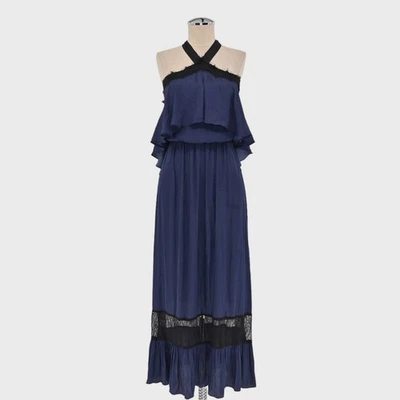 Vestido Aqua Halter Volantes Midi Talla XS Oscuro Romántico En Niveles Azul Marino Encaje Elegante Foto 1 de 4