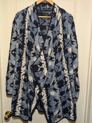Lucky Brand Women's Large Blue White Open Front Cardigan Sweater Long Boho - Image 1 of 4
