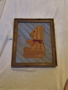 Vintage Holz Intarsien Wandbild Quilt Blockbild Teddybär mit roter Schleife Handarbeit - Bild 1 von 5