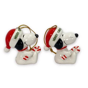 Par de Snoopy 1977 con bastón de caramelo cacahuetes adorno navideño vintage - Imagen 1 de 3