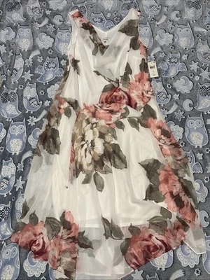 Robbie Bee Chiffon Sleeveless Floral Maxi Lined V-neck Dress White Size 14W NWT - Image 1 of 4
