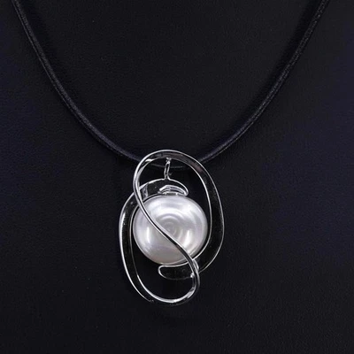 16+2”, Mizuki sterling silver 925 black leather necklace coin pearl pendant - Image 1 of 4