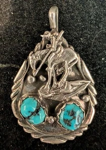 Vintage Navajo Sterling Silver 2 Stone Turquoise End of the Trail Pendant by RY - Picture 1 of 3