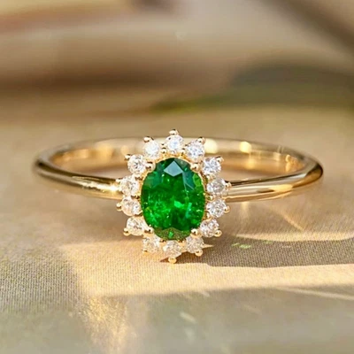Classical Halo Style Women Ring Tsavorite Natural Diamond Soldi 14K Yellow Gold - Image 1 of 4