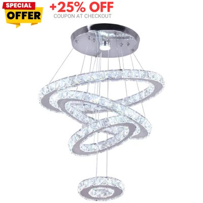Lámpara de araña de cristal LED moderna con anillo colgante de acero inoxidable blanco frío Foto 1 de 4