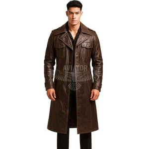Men’s Brown Leather Trench Coat – Real Handmade Full Length Vintage Duster Style - Picture 1 of 6