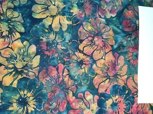 Fabric Batik Green/Yellow/Red/Blue Flowers 2 Yards + 17" x44" - Picture 1 of 3