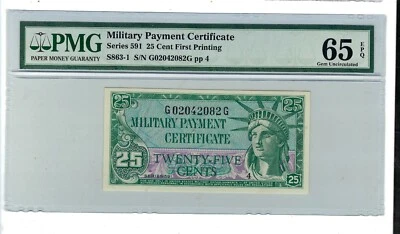 MILITARY PAYMENT CERTIFICATE MPC Series 591 25 Cents  PMG 65 EPQ - Image 1 of 2
