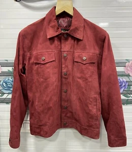 Men's Real Suede Leather Rusty Red Trucker Jacket Fashion Moto Biker Button Coat - Picture 1 of 15