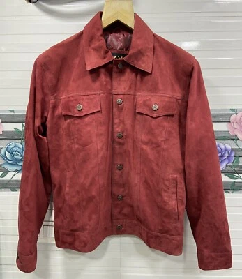Men's Real Suede Leather Rusty Red Trucker Jacket Fashion Moto Biker Button Coat - Image 1 of 4