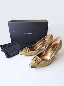 DOLCE & GABBANA Gold Brocade Monogram Regency Style Kitten Heels, UK 4.5 - Picture 1 of 12