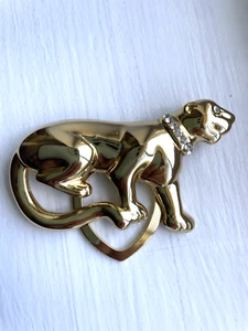 Sciarpa vintage clip pantera giaguaro tono oro strass scintillanti grande lunga 2,5" - Foto 1 di 5