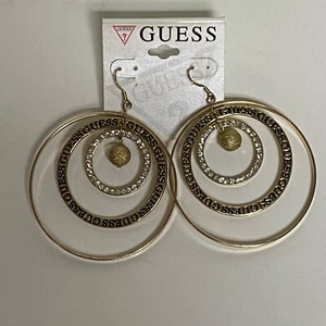 Gold-Tone Guess Triple Circle Drop Earrings With Rhinestones NWT - Picture 1 of 4