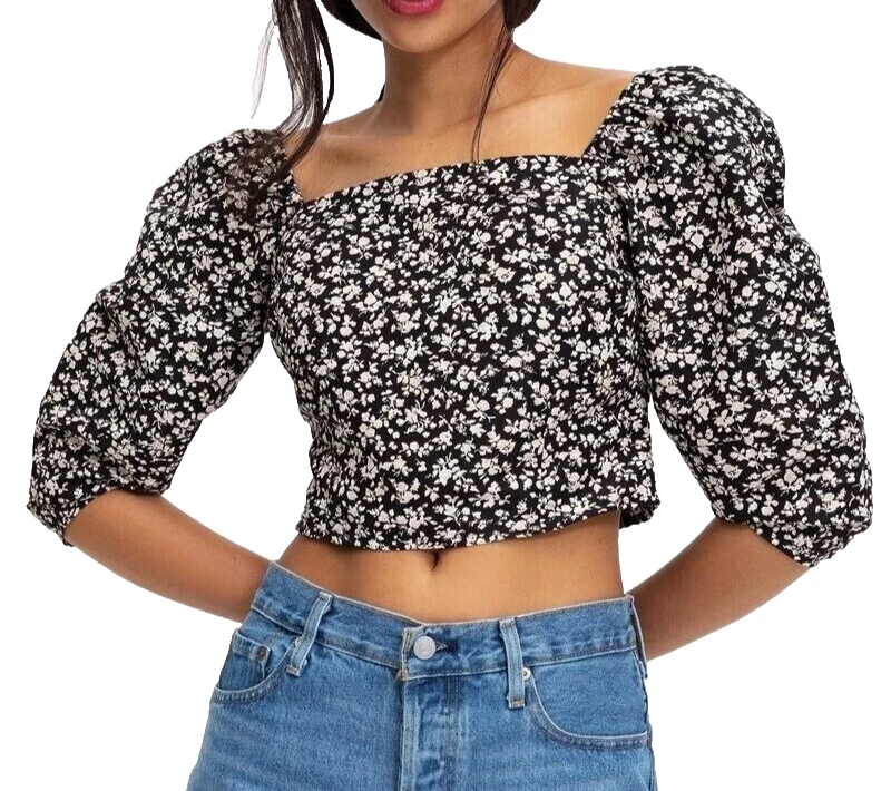 Levis Puff Sleeve Cropped Smocked Top Floral Blouse Size XL