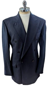 Antica Sartoria Merino Wool Mens Double Breasted Blazer US 42L Blue Peak Jacket - Picture 1 of 14