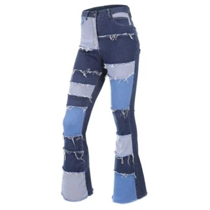 Jeans donna Y2K taglia large patchwork denim fondo a campana anni 70 stile retrò elasticizzato - Foto 1 di 8