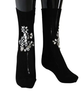 Dolce & Gabbana Black Knitted Floral Clear Crystal Women's Socks Authentic - Picture 1 of 6
