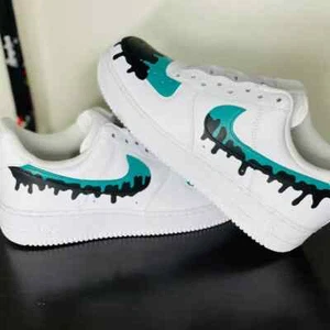 Nike Air Force 1 Custom White Shoes Teal Blue & Black Drip Swooshes Mens Womens - Picture 1 of 15