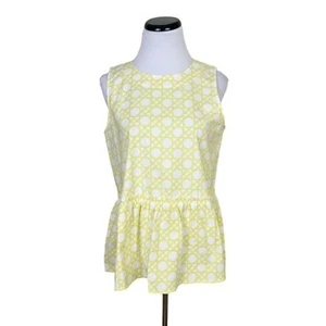 Nuevo con etiquetas Top Ann Taylor estampado de ratán peplum pequeño lazo trasero sin mangas amarillo blanco - Imagen 1 de 6