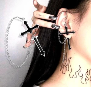 1 Stück Kreuz Ohrringe lange Kette Quaste hängend Ohrring Ohrclips Creolen Ohrhänger - Bild 1 von 2