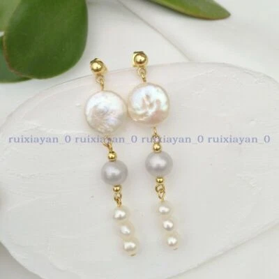 Gorgeous South Sea White Gray Pearl Baroque Dangle Earring 14k Gold P - Image 1 of 4