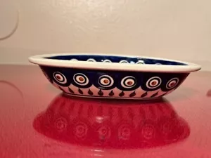 BOLESLAWIEC POTTERY POLAND "PEACOCK"--OVAL BOWL, 8 1/4" MINT - Picture 1 of 3