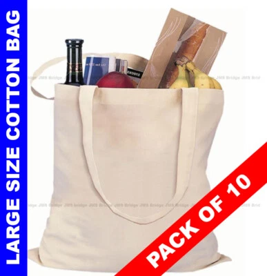 JMS BRIDGE Cotton Bag Tote Bags Shopper Plain Canvas Cotton Shopping Shoulder - Pack of 10
