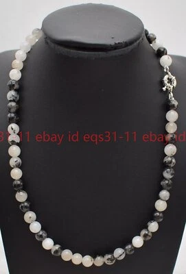 Classic Rare 6/8/10 Black Quartz Rutilated Round Gemstone Beads Necklace18'' Foto 1 de 4