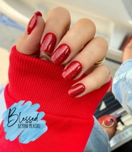 Red Aspen Press On Nails~Firecracker Fia~Acryl~rot~eckig~kurz~Glitzer - Bild 1 von 3