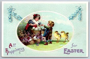 Clapsaddle Victorian Easter~Girl Sells Eggs to Boy~Chicks in Line~Baby Blue Back - Picture 1 of 2