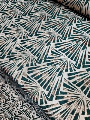 TELA VENDIDA POR YARDA VERDE GEOMÉTRICO DORADO METALIZADO BROCADO BEIGE PARA VESTIDO  Foto 1 de 4