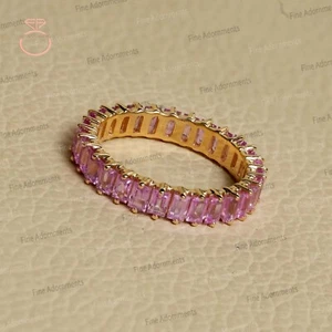 Massiver 14k Gelbgold Stapelring Natur Rosa Saphir Zierlicher Schmuck Band Ring - Bild 1 von 11