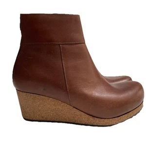 Birkenstock 38 Boots Papillio Ebba Ankle Wedge Brown Leather Side Zip NWOT - Picture 1 of 10