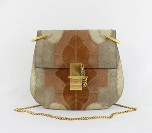 Chloé Auth Tan Beige Taupe Patchwork Suede Drew Crossbody Handbag - Picture 1 of 9