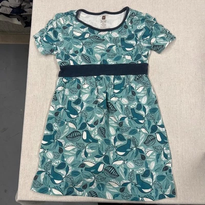 Vestido de té para niñas talla 5 azul verdoso estampado de pájaros manga corta Foto 1 de 4